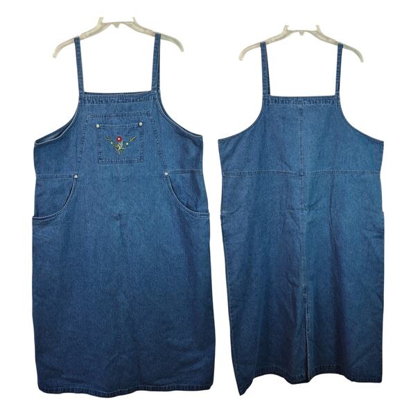 Denim & Co Blue Denim Vintage Maxi Jumper Dress Embroidered Floral 3 Pockets 1X - Picture 1 of 2
